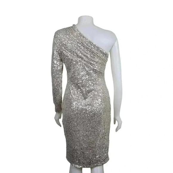 Bella Barnett Gold Metallic Sequins Dress Evening Sexy Formal One Shoulder Med - Picture 6 of 12